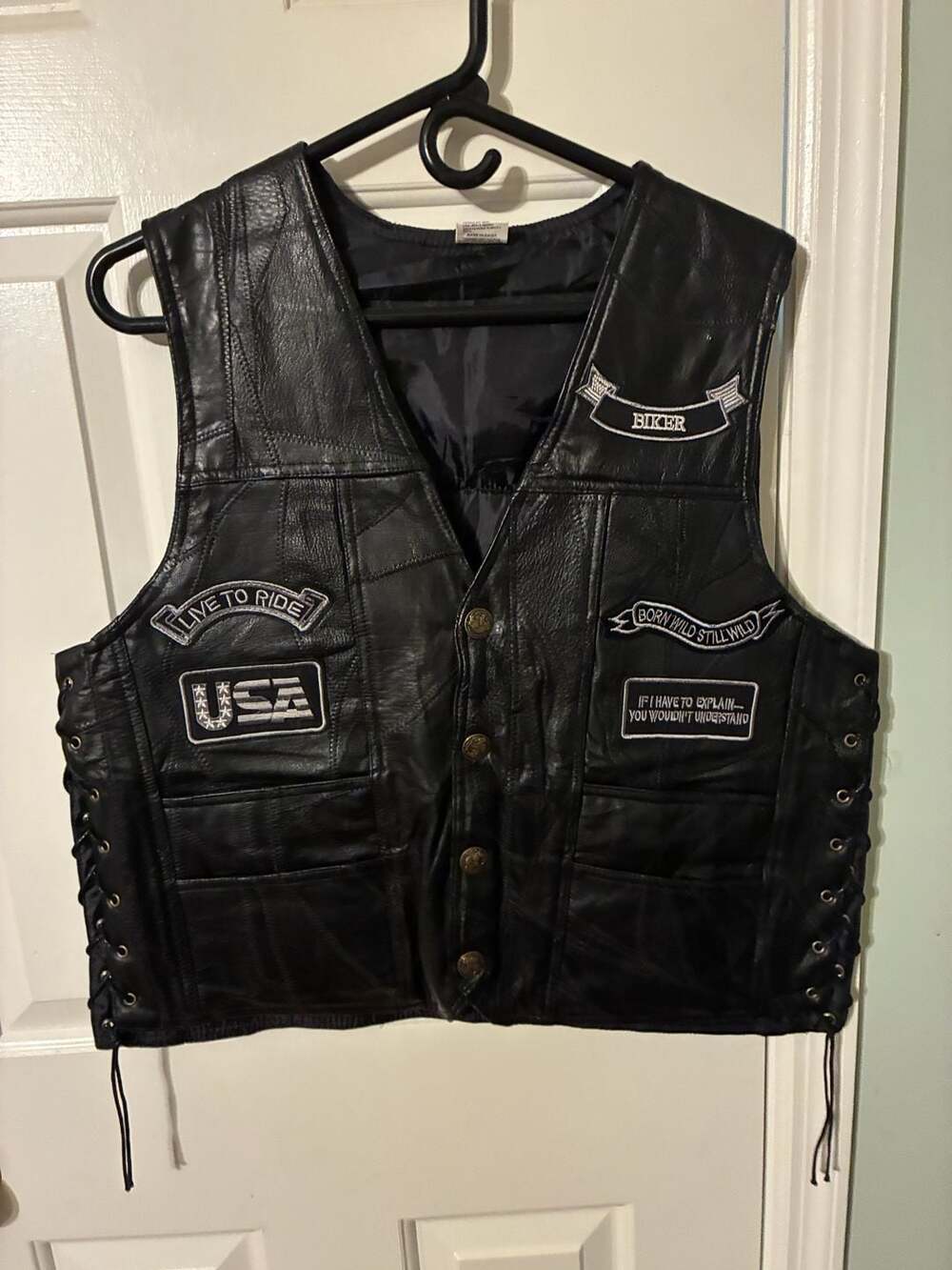 Leather Motorcycle Vest Size L With Patches